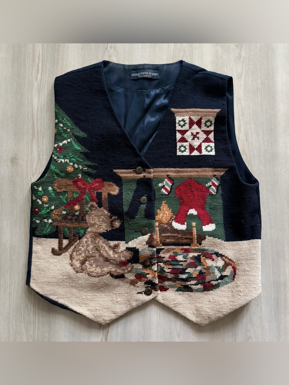 Vintage 90s The Eagle's Eye Embroidered Vest Cottagecore Bear Christmas Sz M